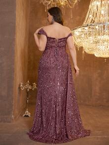 [随机印花] UNITHORSE Plus 女士抹胸褶饰胸背带设计飘逸开衩优雅晚礼服 - 中紫紅色 - 查看 2