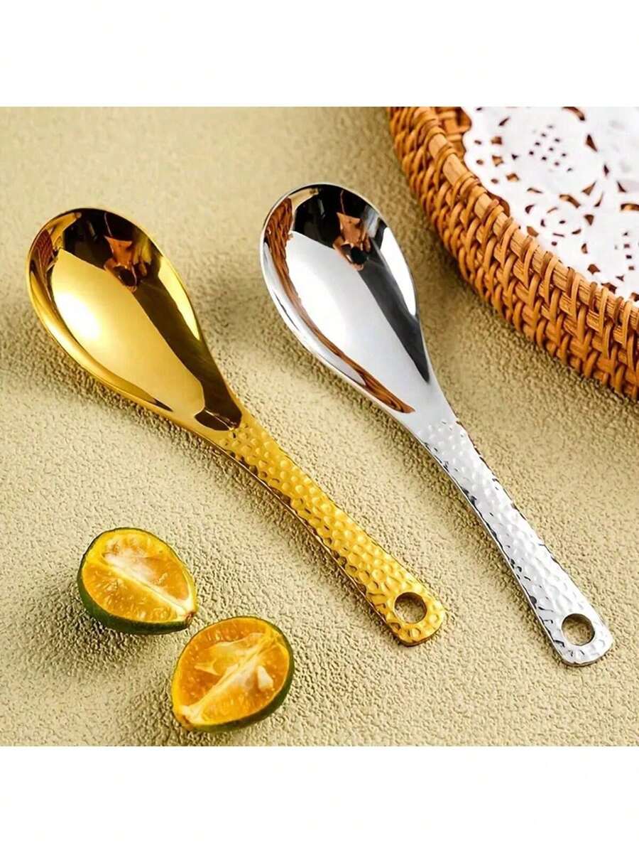 1件/2件/4件/6件/8件不锈钢锤纹勺子，加厚餐具勺，极具吸引力的甜点勺，厨房用具甜点勺，优雅的设计，适用于厨房，餐厅，酒店 - 金銀色 - 查看 1