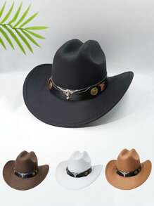 1pc Unisex Bull PU Leather Decor Western Cowboy Hat, Polyester Retro Cowboy Hat, Suitable For Casual Wear, Western Cowboy Party, Bar Cowboy And Daily Use