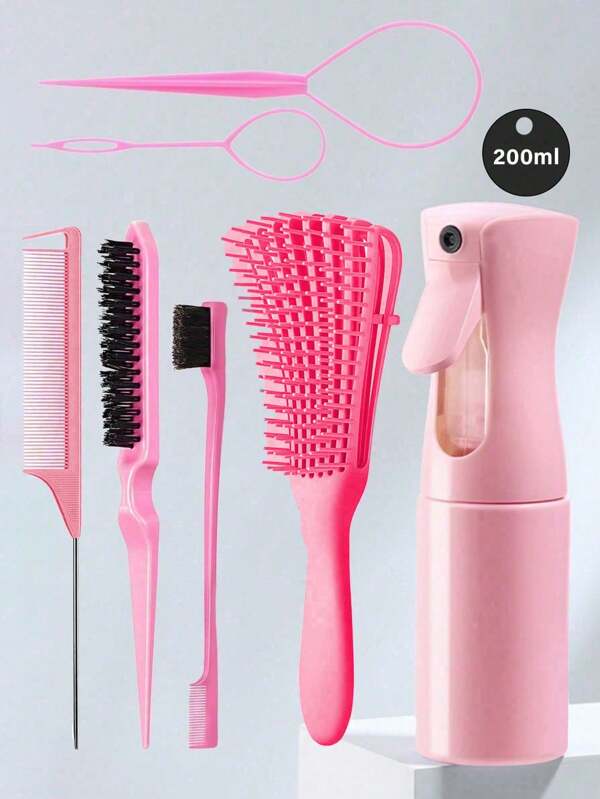 Set de 1/3/7 cepillos y peines para el cabello, botella rociadora de 200ml, bucle para trenzar el cabello, cepillos rizadores y peines de cola de rata con punta ósea afilada, para dividir el cabello y teñir, para desenredar el cabello rizado, afro textura 3a a 4c, para cabello húmedo/seco/largo y grueso, para exfoliar el cabelludo y obtener rizos hermosos y brillantes (negro, rosa, púrpura)