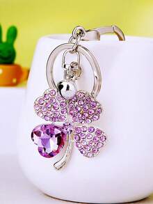 1pc Crystal Four-Leaf Clover Flower Metal Keychain With Rhinestone Decor, Cute Car Keyring Or Purse Charm Business Gift - Multicolor - View 6