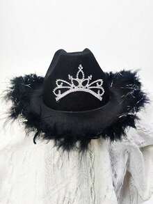 1pc Women's Autumn Party Rhinestone Pink Crown Cowboy Hat, Halloween Feather Edge Festival Party Hat Suitable For Daily Wear - Multicolor - View 12