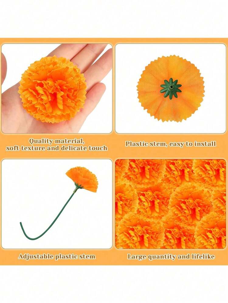 HONMOK Decorazioni del giorno dei morti 60 fiori artificiali di calendula con steli e striscione del giorno dei morti, mazzi di calendula arancione, progetti fai da te per decorazioni messicane Diwali