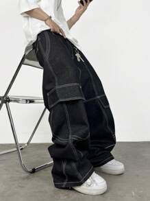 1 Stück amerikanischer Streetwear Stil Patchwork Herren Weite Bein Jeans, lässige weite lange Hose für Ausflüge (ohne Gürtel & Zubehör)