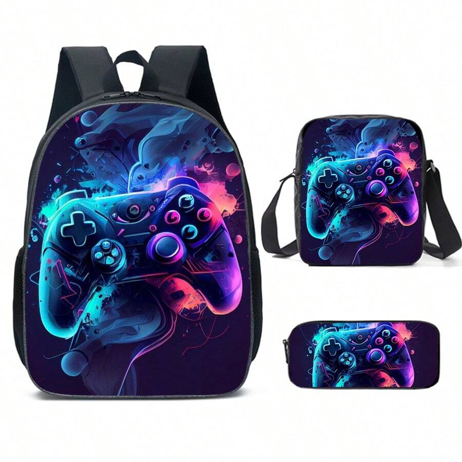 3 PiecesBackpack Set,Three Colors Game Print, Unisex,Shoulder Bag, Pencil Bag,Backpack For Back To School