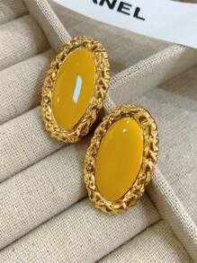 1 par de aretes de mujer con diseño geométrico ovalado de esmalte amarillo, pendientes minimalistas y elegantes para fiesta, boda, banquete, viaje, regalo de joyería