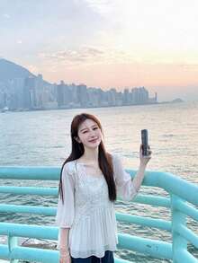 Chiffon French Blouse, Delicate & Graceful Holiday Sweet Doll Shirt, Solid Color - White - View 2