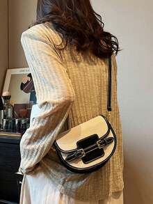 高品质马鞍包，复古缝线手提包，2025新款休闲百搭斜挎包 - 黑色 - 查看 3