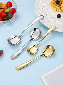 4pcs Stainless Steel Angled Handle Flat Spoon, Korean Style Ingot Shaped Dessert Spoons, Household Use - Multicolor - View 4