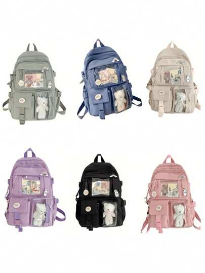 Two Tone Classic Backpack Letter Patch,Kawaii School Style: Cute Nylon Backpack With Pins & Accessor No Card , Bow