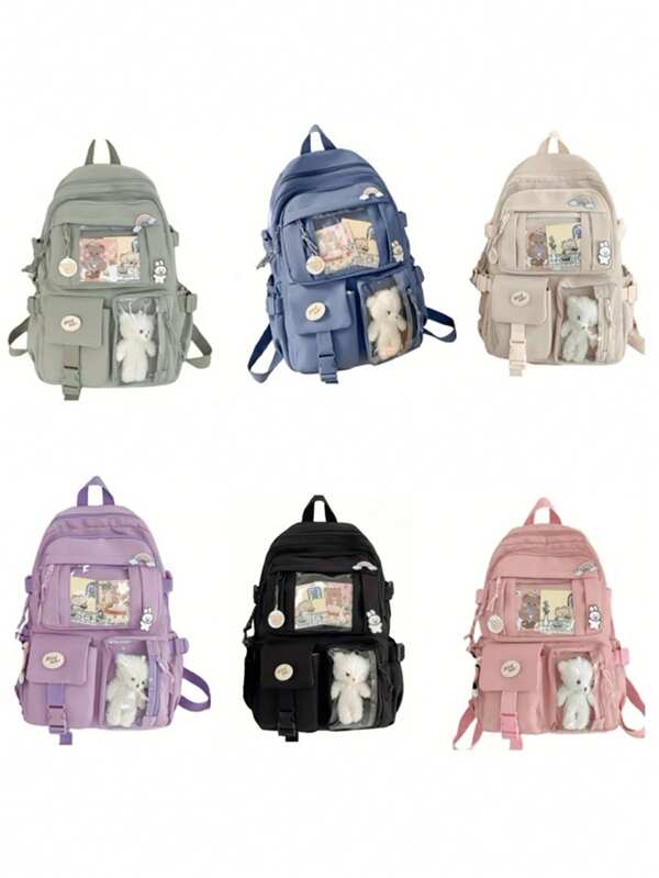 Two Tone Classic Backpack Letter Patch,Kawaii School Style: Cute Nylon Backpack With Pins & Accessor No Card