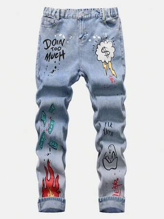 Teenage Boys' Retro American Vintage Blue Washed Graffiti Print Jeans, Loose Straight Fit, Spring/Autumn New Arrival, Big Teen Boy
