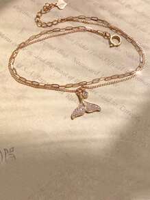 1 件 925 纯银美人鱼尾锆石吊坠优雅双层手链或脚链，适合女性日常佩戴、节日、派对礼物、珠宝