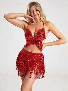 2pcs Set Glitter Fringe Strap Dress For Belly Dancing, Latin Dance, Stage Performance, Competition - 彩色 - 查看 4