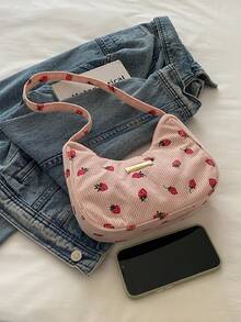 Fashionable Versatile Textured Solid Color New Plant Printed Shoulder Bag, Casual Simple Mini Baguette Square Crossbody Handbag For Women - Pink - View 7