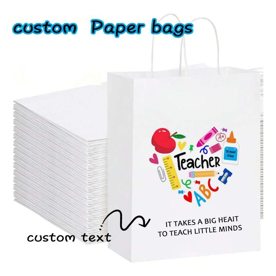 20/50 件定制开学白纸礼品袋，带手柄，个性化图片和文字，坚固耐用的包装袋，适合开学季、节假日、生日礼物 - 彩色 - 查看 1