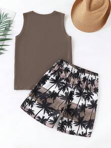 Bộ đồ thường ngày 2 món: Áo phông không tay in hình cây và quần short Hawaii cạp chun cho bé trai - màu nâu - Xem 3