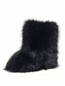Women's Faux Fur Boot Furry Fluffy Round Toe Suede Winter Comfy Plush Warm Short Outdoor Indoor Flat Shoes Mid-Calf Boots