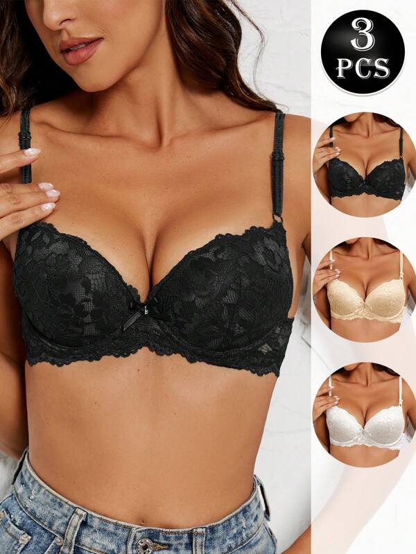 3pcs Women's Push Up Bra Sexy Lace Underwire Bras, Comfortable Breathable Lift Up Bra Suitable For Wedding Dress Bralette Lingerie