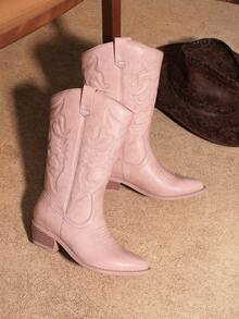 Women'S Cowboy Western Boots Point Toe Pull On Cowgirl Boots  Embroidered Detail Chunky Heeled Back To School Music Festival  Matching Dress Mid Calf Pink Boots - 淺粉色 - 查看 5