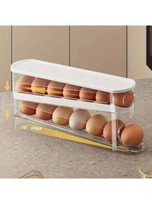 1pc Automatic Double-Layer Egg Holder - 12-14 Eggs Capacity, Hinged Sliding Design, Keeps Eggs Fresh, Non-Food-Contact Plastic, Refrigerator & Kitchen Organizer