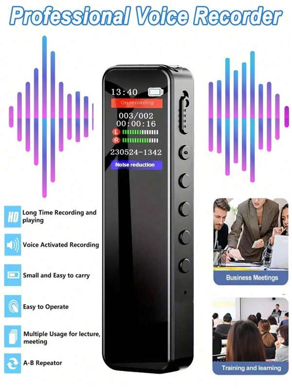 Grabadora de voz con reproducción Grabadora de voz digital Dispositivo de dictáfono Grabadora de voz con reducción de ruido y calidad de sonido HD 1536 Kbps, Dispositivos de grabación portátiles, Pequeña grabadora de cintas para conferencias, reuniones, clases, grabación de larga duración, compatible con reproducción de música MP3