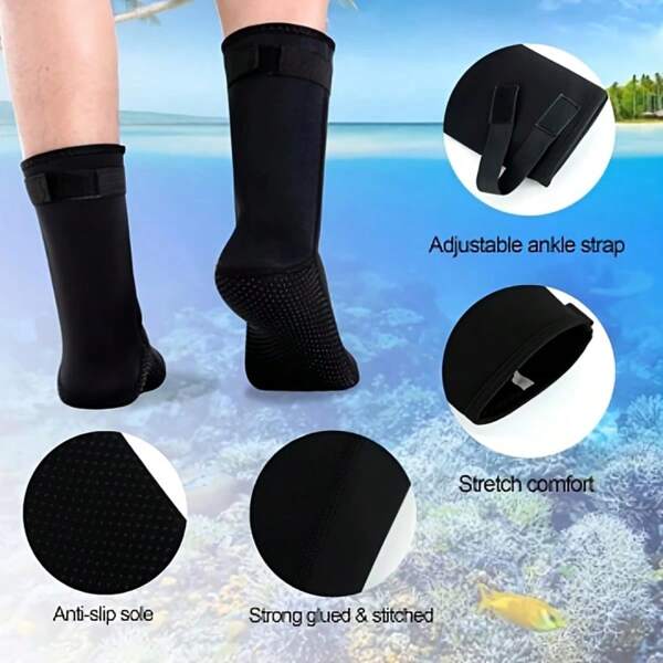 Calcetines de neopreno de 3 mm - Cálidos, antideslizantes y resistentes al desgaste hasta el tobillo para natación, snorkel y actividades en la playa, negros con puños elásticos y hebillas para un ajuste , equipo de snorkel | Calcetines de ajuste  | Calcetines flexibles, equipo de snorkel para adultos, artículos esenciales de playa, accesorios de playa, flotador de piscina