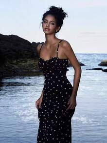 New Women's Summer INS French-Style Elegant Slim-Fit Backless Polka Dot Spaghetti Strap Dress  Polka Dot  Colorblock    Party  Elegant    Backless  Criss Cross  Zipper    Formal & Evening - 黑色 - 查看 2