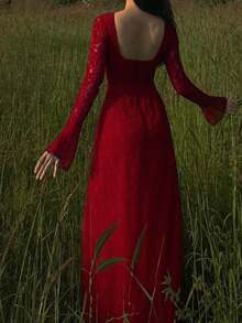 女士优雅蕾丝连衣裙，喇叭长袖，收腰设计，露背，圆领蕾丝礼服，圣诞假日风格 - 酒紅色 - 查看 3