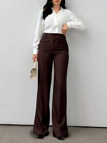 LIU ME Women's Tailored Trousers With Fake Pocket – High Waist And Wide Leg Pants - Rỉ Nâu - Xem 1