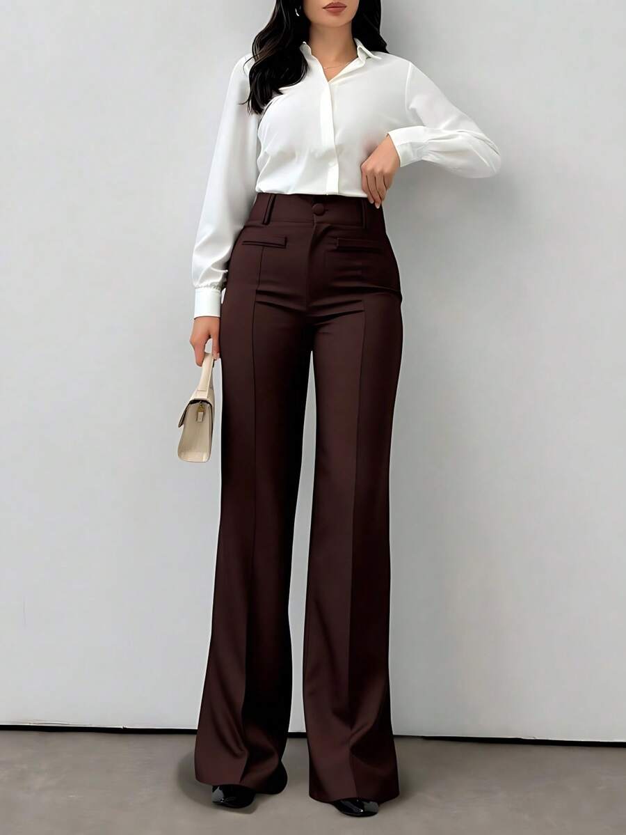 LIU ME Women's Tailored Trousers With Fake Pocket – High Waist And Wide Leg Pants - Rỉ Nâu - Xem 1
