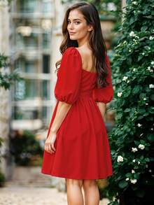 Vestido Corto de Escote Cuadrado con Manga Abullonada Casual para Mujer - Rojo - Ver 2