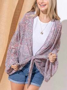 Womens Casual Cover Up Boho Chic Paisley Print Bell Sleeve Kimono Cardigan Front Tie Wrap Light Gray Pink Pattern Open Front Beach Resort Wear Summer Spring Vacation Beachwear Loose Fit - 多 - 查看 9