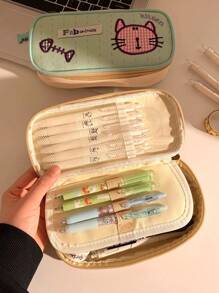 1pc Cute Cat Design Pencil Case, Highly Attractive Candy Color Contrast Color Pencil Box, Large Capacity Stationery Storage Bag, Unique Design,School Supplies,Back To School