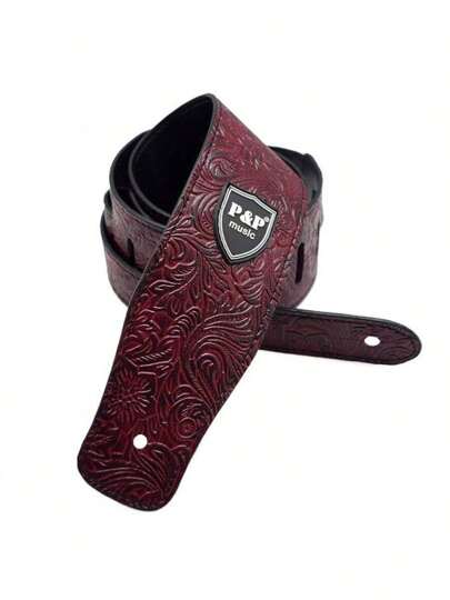 1pc Faux PU Leather Guitar Strap 2.56 Inch Width Adjustable Length Soft Embroidered Belt For Classical Acoustic Electric Bass Guitars Musical Instrument Accessories (Cut From A Single Piece Of Leather Patterns May Slightly Differ From The Picture)