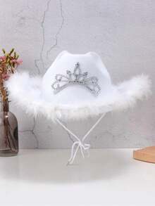 1pc Women's Autumn Party Rhinestone Pink Crown Cowboy Hat, Halloween Feather Edge Festival Party Hat Suitable For Daily Wear - Multicolor - View 14