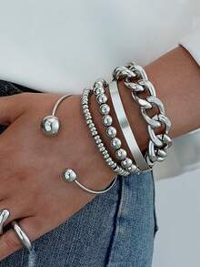 5-19件夸张时尚不对称宽手镯套装，适合女性日常佩戴、约会、聚会、生日礼物 - 銀色 - 查看 11