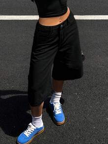 Women's Y2K Loose Fit Wide Leg Seven-Point Denim Jeans Pants With Butterfly Embroidery Pockets - Black - View 7