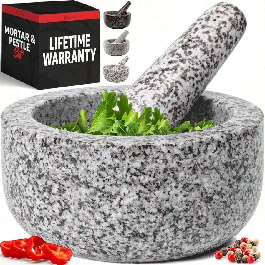 Priority Chef Heavy Duty Large Mortar And Pestle Set, Hand Carved From Natural Granite, Make Fresh Guacamole, Pesto, Stone Grinder Bowl, Herb Crusher, Spice Grinder, 6.3 Inches Wide, 2 Cup - Grey - 2杯 - 查看 1