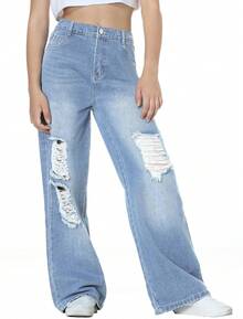 EXARUS Girls Jeans Baggy Pants Wide Leg/Flare/Skinny Denim Ripped High Waisted Teen Clothes Casual Kids 6-14Y - 闊腳藍5號色 - 查看 4