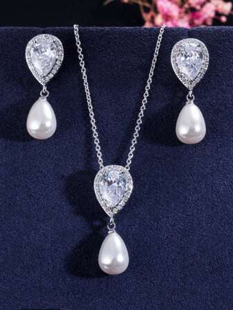 1 Set de Joyas de Novia Elegante Plateado en Plata con Pendientes Colgantes de Perla y Colgante de Collar con Circonita Cúbica Corte Pera para Boda, Compromiso, Banquete, Fiesta, Baile de Graduación, Novias, Damas de Honor, Damas, Novias, Regalo para Esposa