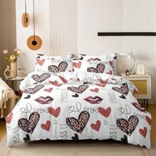 3pcs Leopard Heart Print Duvet Cover Set "Sweet Kiss" (2 Pillowcases, 1 Duvet Cover, No Filling), 100% Polyester, Romantic Bedding Set, Soft, Breathable & Comfortable, Suitable For All Seasons, Available In Multiple Sizes For Bedroom, Guest Room & Dormitory