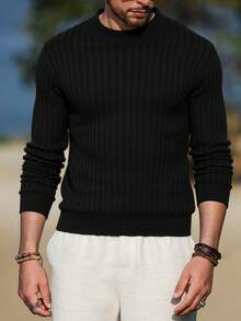 Men's Casual Ribbed Knit Pullover Sweater, Half-High Neck, Minimalist Stylish For Everyday Wear , Fall