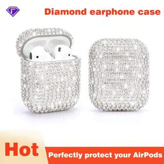 1 Pc Luxury Silver Rhinestone Glass Bling Protective Earphones Case Compatible With Apple 1/2/3/4, Pro/Pro 2nd Bluetooth Earphones