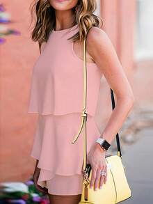 Jumpsuit Tanpa Lengan Wanita Warna Polos Kasual Elegan dengan Hiasan Rumbai di Bagian Bawah, Cocok untuk Musim Semi, Musim Panas, Musim Gugur, dan Musim Dingin (Warna Pink) - Berwarna merah muda - View 3