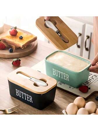 1 Piece Of Butter Dish, With Bamboo Lid, Multi-Functional Butter Dish, Ceramic French-Style Butter Plate, Suitable For Spreading Soft Butter, Equipped With A Waterproof Sealed Butter Container Stand, Very Suitable For Kitchen Baking And As A Gift. Sealed Butter Container Lid, Suitable For Kitchen Countertop Or Refrigerator Use, Household Kitchen Utensil.