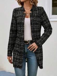 Women's Open Front Tweed Longline Blazer Jacket - Elegant Casual Pockets Daily Wear - Black - View 3