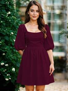 Vestido Corto de Escote Cuadrado con Manga Abullonada Casual para Mujer - Rojo violeta - Ver 3