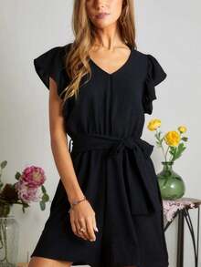 Womens Casual Summer Romper Chic Ruffle Sleeve V Neck Playsuit Black Loose Fit Short Length Elastic Waist Tie Belt Breathable Lightweight All Day Comfort Beach Party Dating Wear - 黑色 - 查看 4