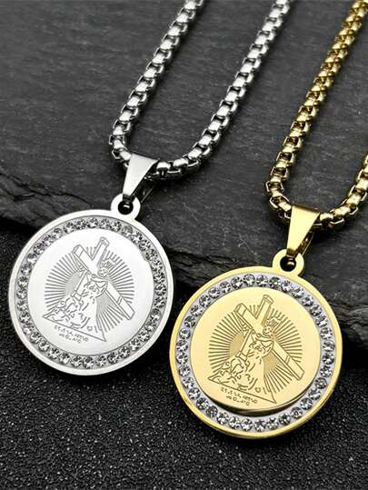 Virgin Mary Jesus Cross Medal Necklace For Women Men Rhinestone Stainless Steel Gold Silver Color Chain Jewelry